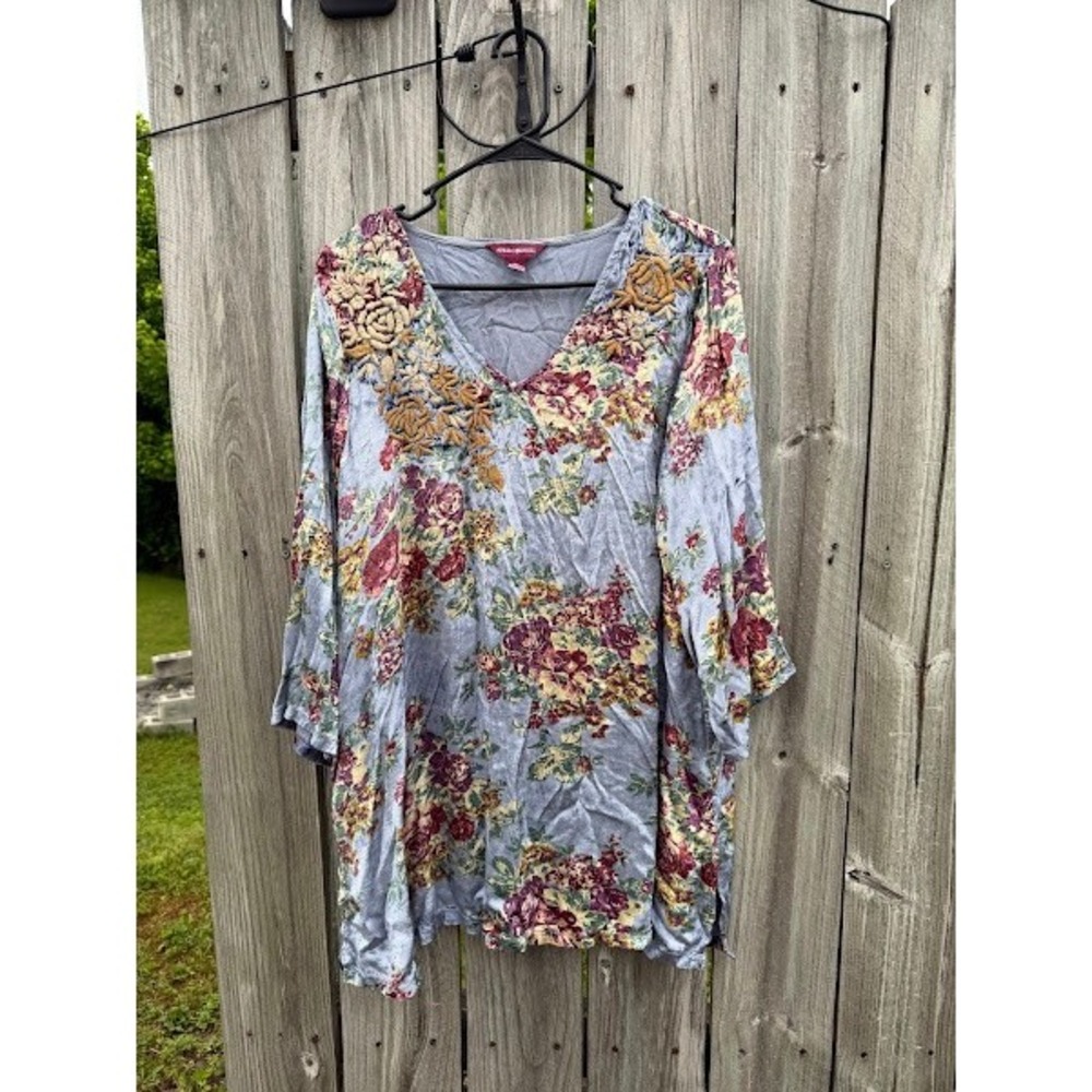 Boho Embroidered April Cornell Floral Velvet Tunic Women XL Blue Rose